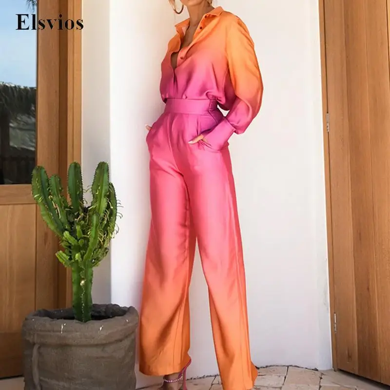 

Commut Elegant Satin Blouse Suit Casual Colorful Tie-dye Gradient Lapel Shirt Tops & High Waist Pants Outfits Women Fashion Sets