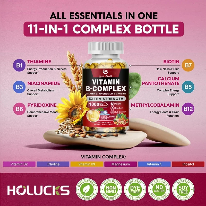 مكمل فيتامين ب المركب - B1، B2، B3، B5، B6، B7، B8، B9، B12 مع فيتامين C، الكولين، الإينوسيتول - الطاقة والدماغ والقلب
