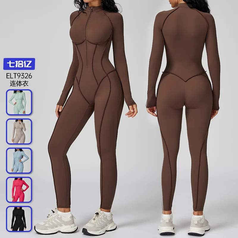 

Color-blocking stand-up collar one-piece suit,semi-zipper one-piece fitness suit,women's high-intensity exercise black yoga suit