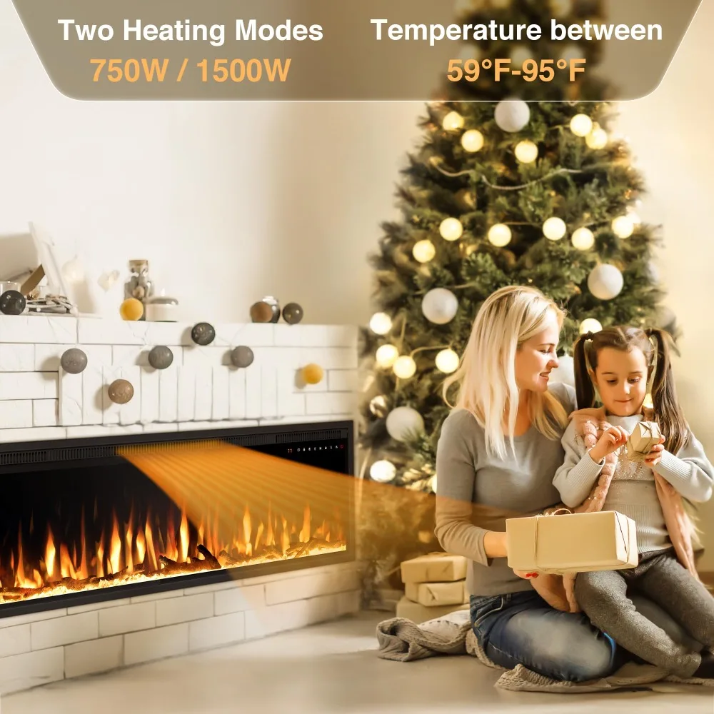 60 Inch Electric Fireplace Heater, Recessed in-Wall and Wall-Mounted Linear Heater Fireplace,Touch Screen & Remote Control