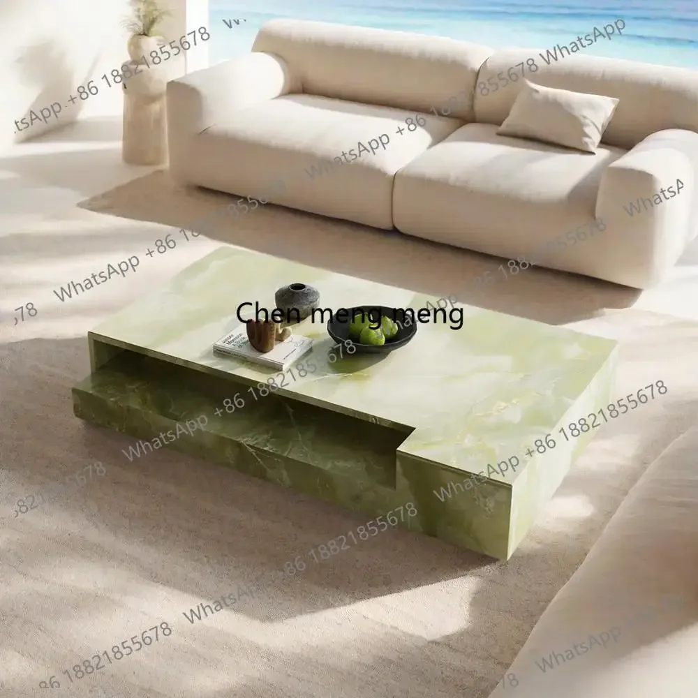 D132 "Pink Jade Marble Coffee Table - Luxury Slate Stone Rectangular Designer Tea Table Custom Living Room Centerpiece"