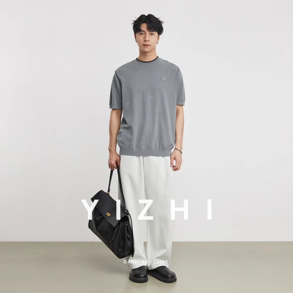 Men's Heavyweight 220g Simple Color-Block Crew Neck Ice-Sense 14-Knit Short Sleeve Summer Loose Drop Shoulder Slim Fit T-Shirt