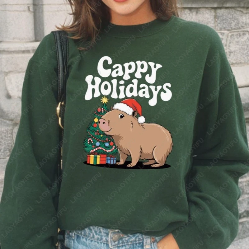 

Capybara Christmas Cappy Holidays Character Trend Hoodie Funny Novelty Animal Graphic Lovely Gift Sweater Long Sleeve Pullover