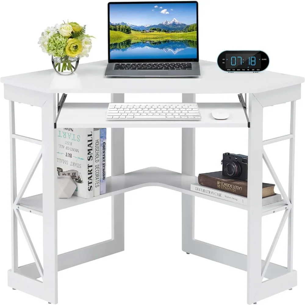 Corner Computer Desk with Smooth Keyboard & Storage Shelves for Home Office Workstation, White, Free Shipping