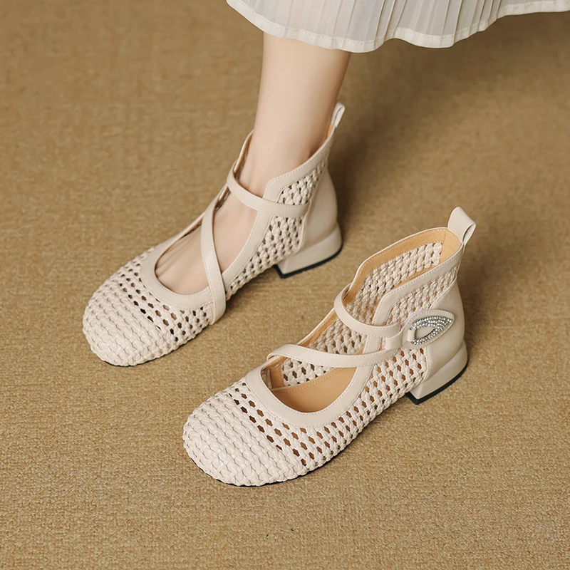 

Fashion Women Elegant Sandals Hollow out Ankle Boots Genuine Leather Summer Casual Flats Office Shoes Party Dress Size 34-40