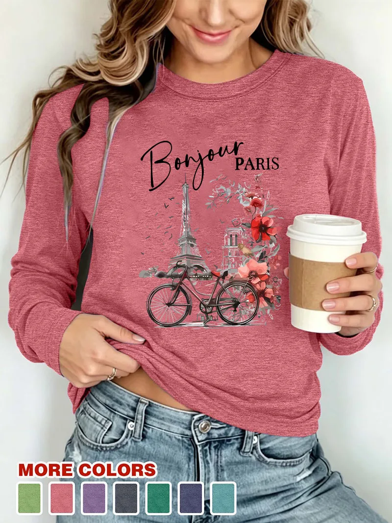 Vintage Women Long Sleeve T Shirt Bonjour Paris Eiffel Tower Bicycle Floral Print Top Comfort Crew Neck Casual Ladies Autumn Tee