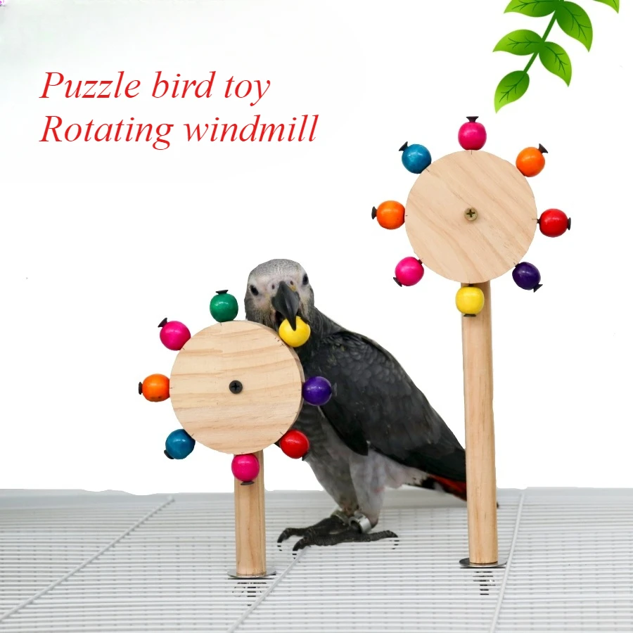 Funny Perch Toy with Rotating Balls Wood Interactive Bird Stand Colorful Parrot Foraging Toy Rotating Windmill Toy for Lovebirds