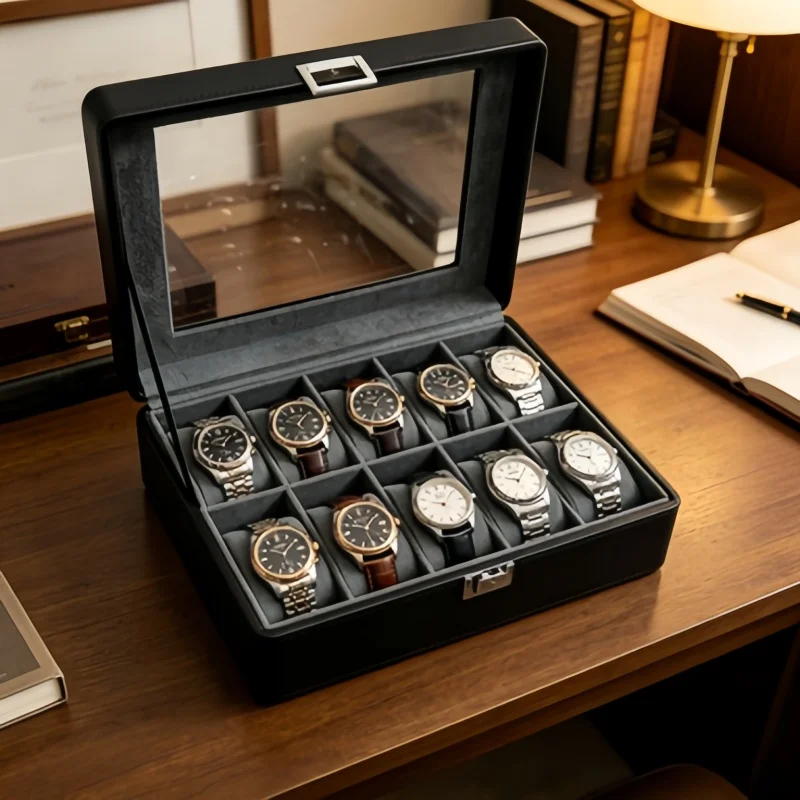 10-Grid Watch Storage Box + 2 Transparent Jewelry Storage Boxes, Lockable Dustproof Watch Display Box for Men and Women