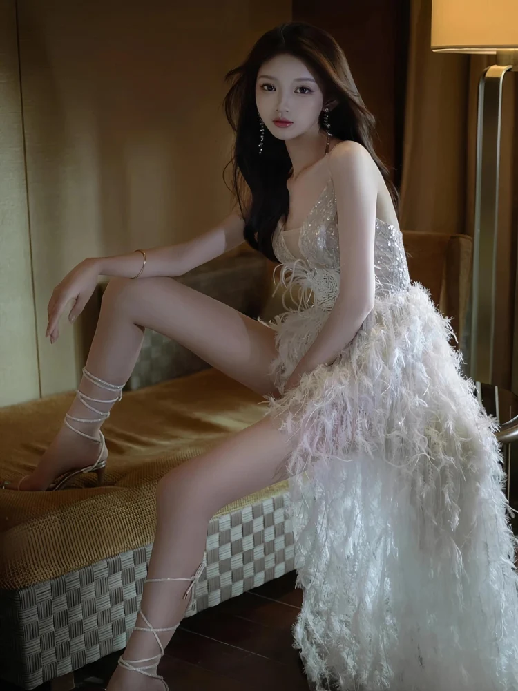 

Exquisite High-End Feather Strapl Gown Ele Princ Sle Long Evening Dr for Par Wedding And Other Formal Ocns