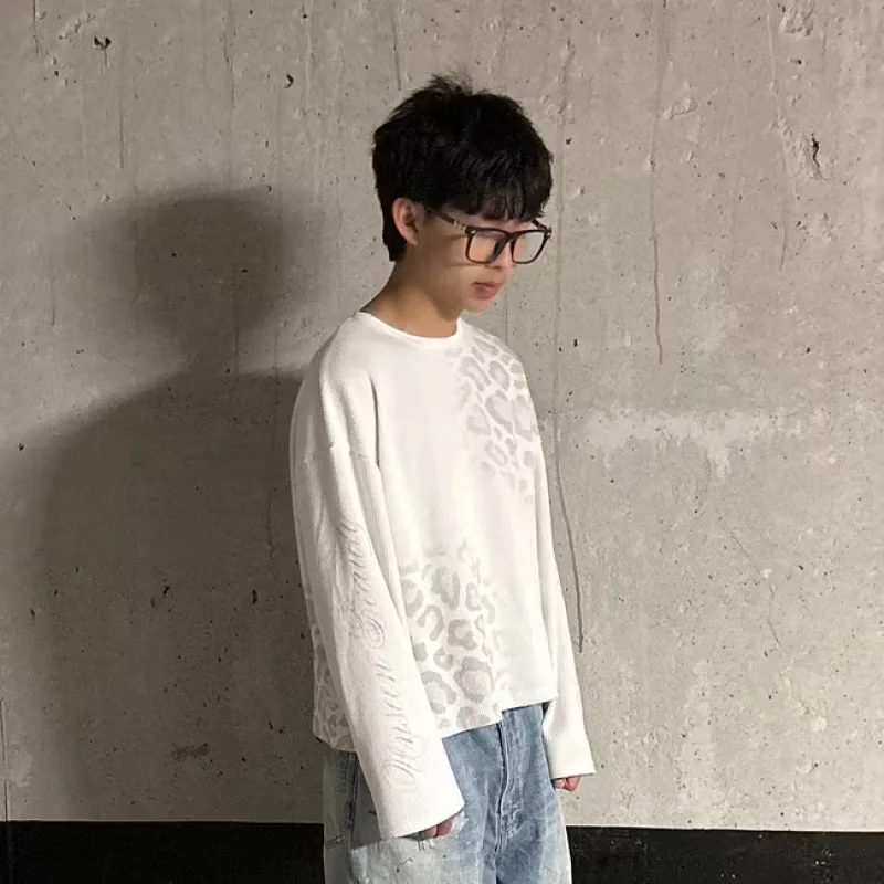 American Y2K Vintage Waffle Long Sleeve Top New Leopard Letter Pattern Loose Retro Garbage Street Casual Basic Men Women T-shirt