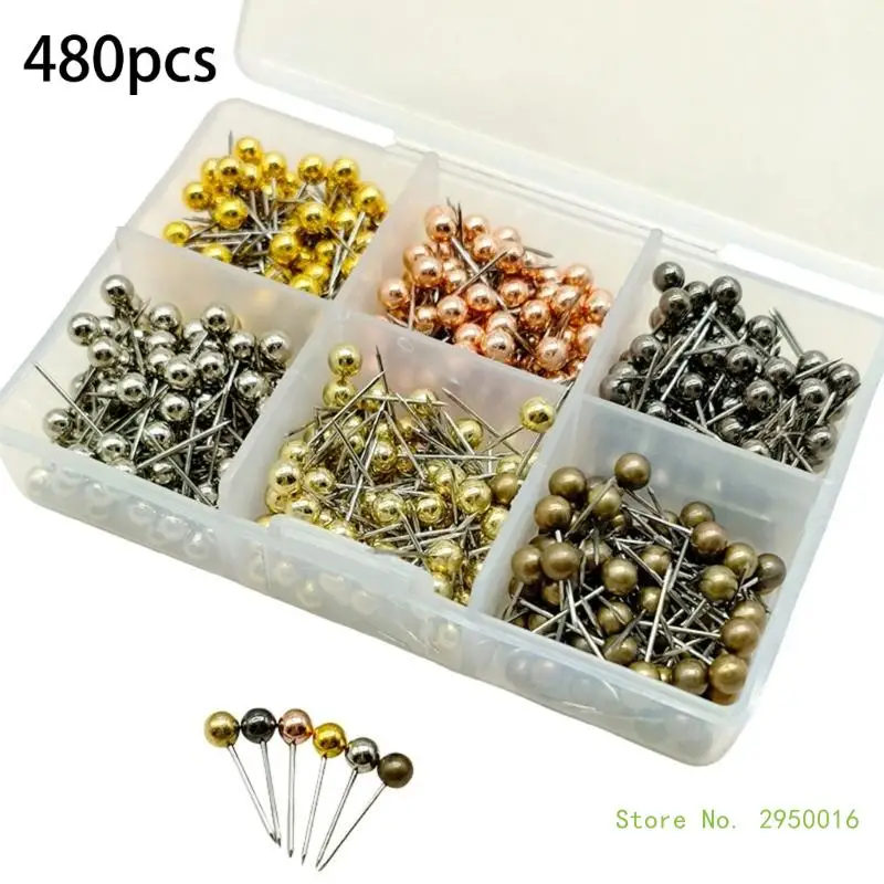 480/500Pieces Ball-shape Push Pins Metallic Pushpins Map Pins for Cork Board, Metallic Sewing Pins for Fabric Sewing