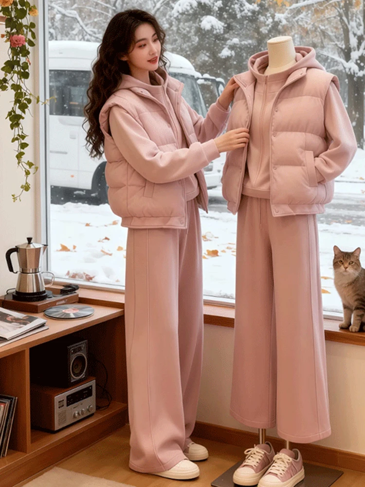 

Women's Casual Sportswear Tee-Piece Set Autumn Winter New Sle Hooded Zipper Sweatirt Warm Cotton Jaet Straight Leg Pants