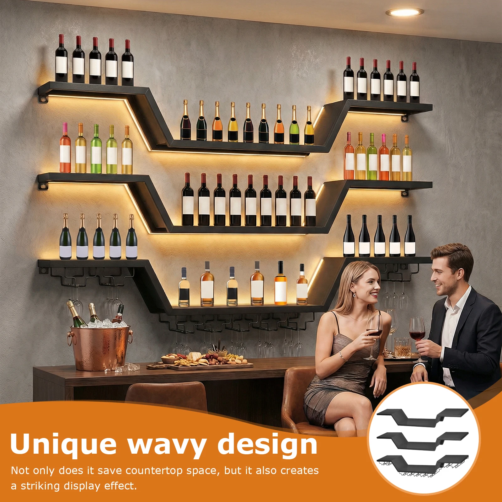 

47/55inch Large Wall Mounted Wine Rack with LED Light with Wine Glass Hooks 3-Tier for Home Bar