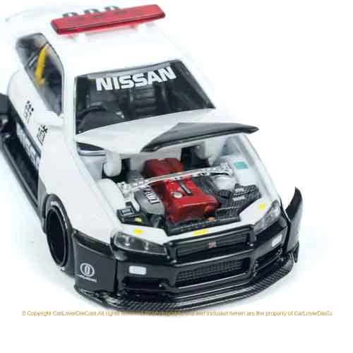 Kaido House + MINIGT 1:64 GTR R34 coche de policía modelo de coche de aleación, juguetes para niños, piezas de colección para adultos, regalos de cumpleaños de vacaciones para niños