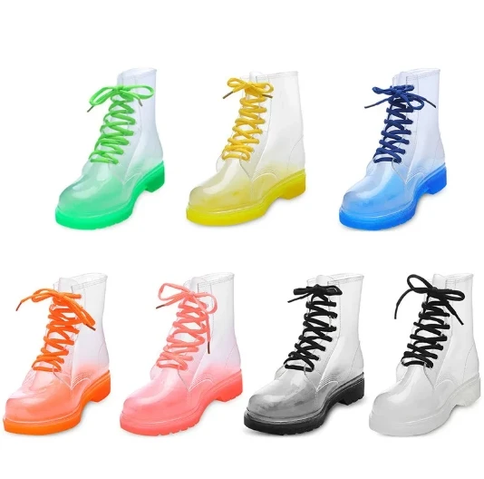 Fashion Women Rain Boots Mature Ladies Lace-up Waterproof Ladies Shoes Transparent Candy Color Soles Outdoor Girl Shoes