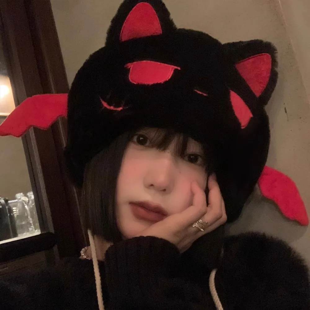 Little Devil Cat Ears Plush Hat Women's Autumn and Winter New niche Funny Cute Lei Feng Hat Warm Bald Hat