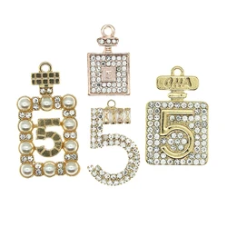 2pcs/lot Delicate Rhinestone Number 5 Pendant Alloy Perfume Bottle Charms For Bracelet DIY Jewelry Keychain Findings Craft Gifts