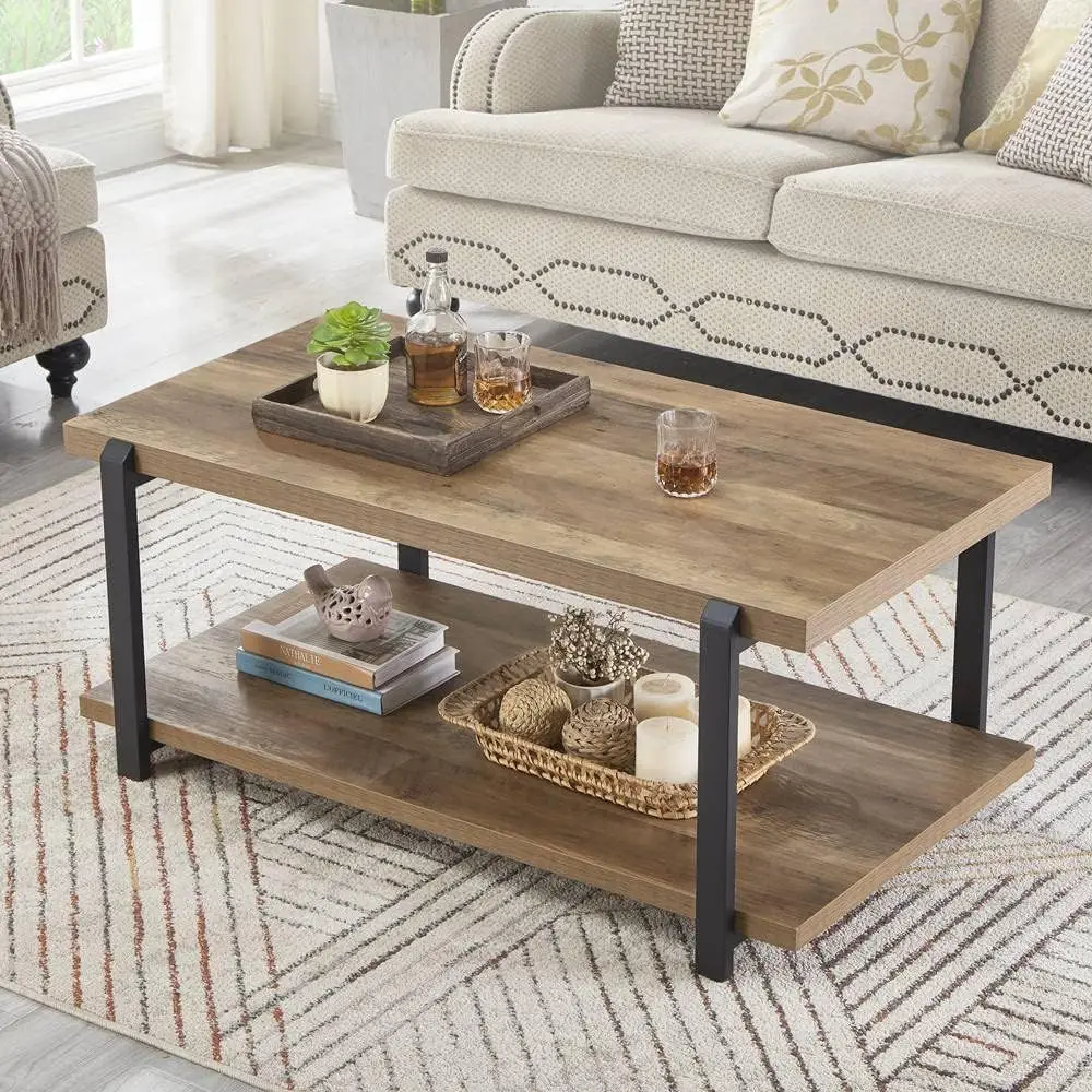 

Rustic Oak Wood and Metal Industrial-Style Coffee Table with Shelf for Living Room