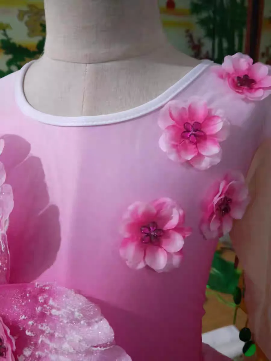 Disfraces de actuación de baile de flores rosas para niños, baile moderno con lentejuelas, vestido de baile de salón, fiesta de princesa para niñas