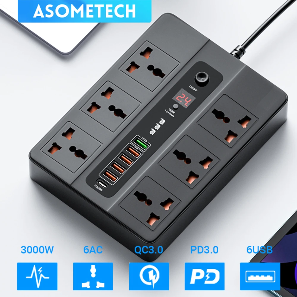 6 Port USB Charger With 6 AC Outlets 3000W Power Strip, PD 20W QC3.0 Quick Charge Type C Charging Station For iPhone 13 12 11 X