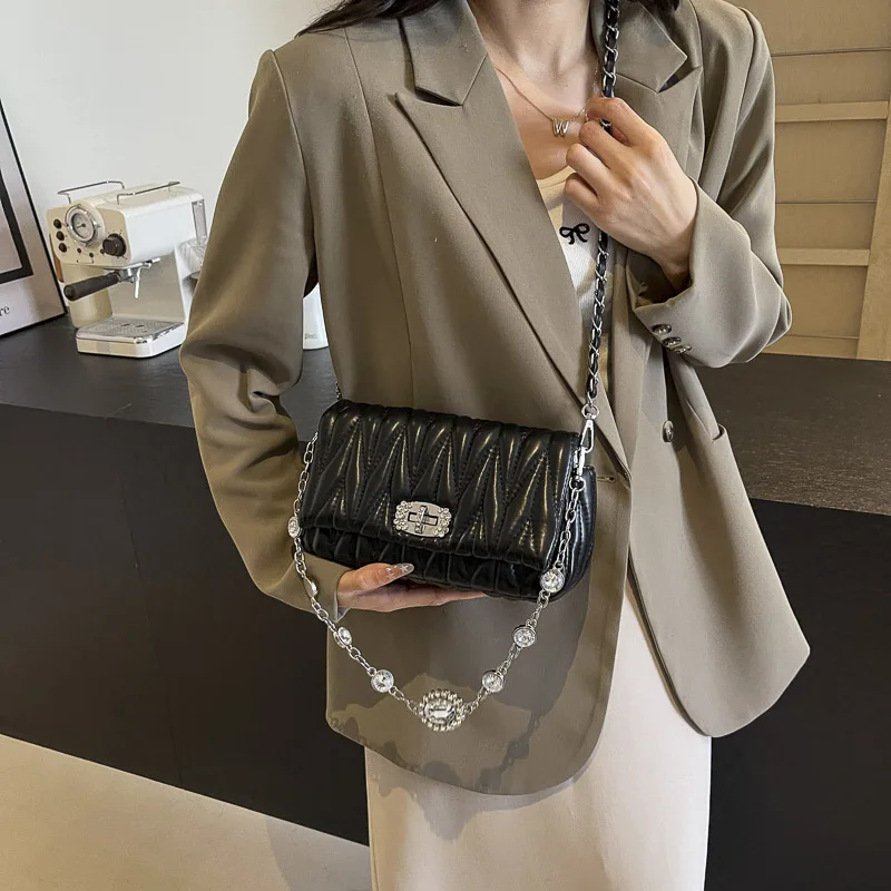 2025 High-value Cloud Bag | Rhinestone Chain Armpit Bag, Fluffy and Exquisite Small Square Bag