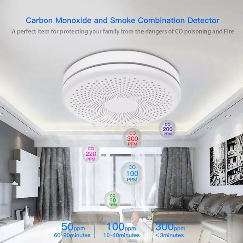 Tuya Intelligent Fire Alarm Sensor, Monóxido de Carbono e Fumaça Combinação Detector, Smart Real Time Notificação, Detecção