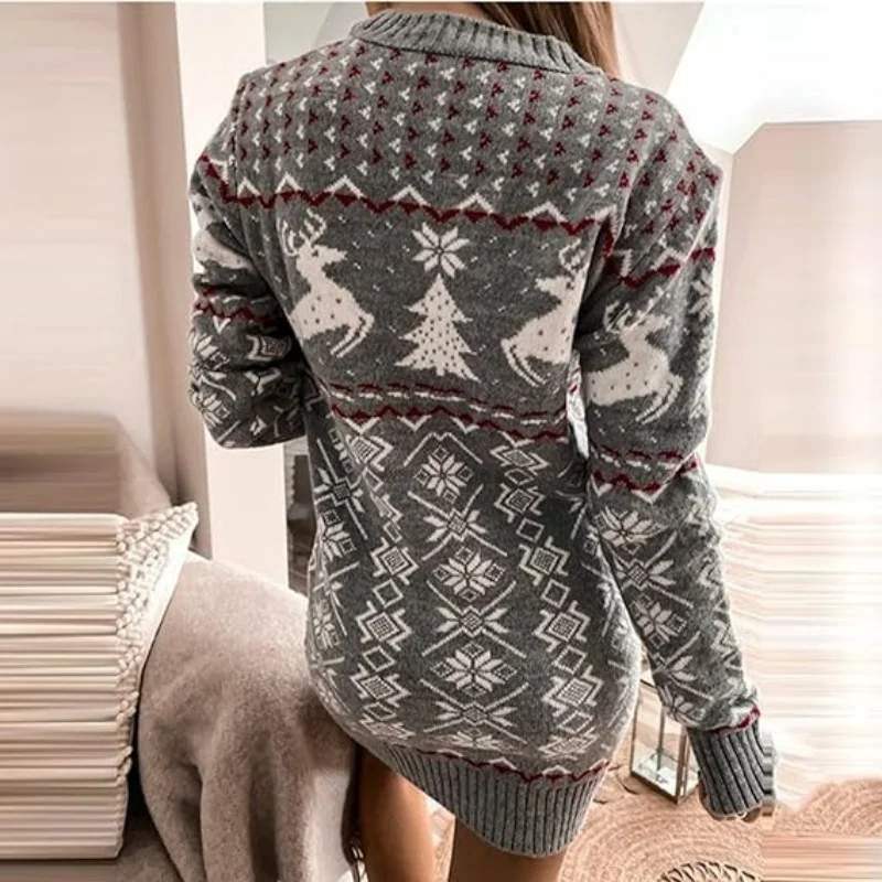 Women\'s Long Sleeve Christmas Sweater Dress Casual Round Neck Pullover Knitted Dress