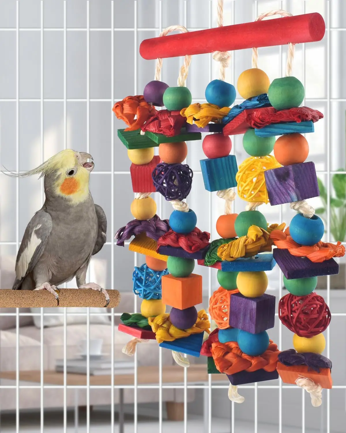 

Bird Toys, Parakeet Chewing Toy, Multicolored Natural Wooden Blocks Birds Parrot Tearing Toys mit Rattan Wicker Balls Medium