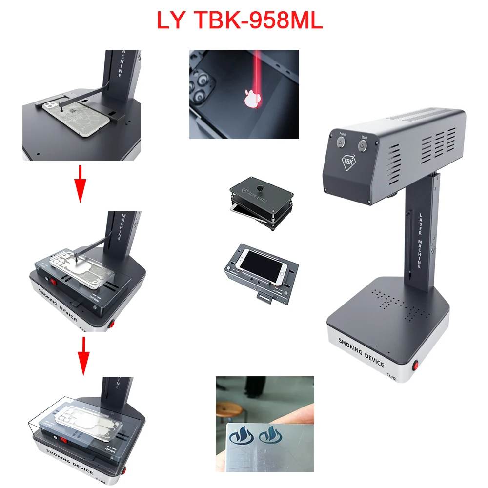 TBK 958ML Portable Laser Marking Engraving Machine for Mobile Frame Repairing 6W Optional Centre Align Fixture and Pressure Mold