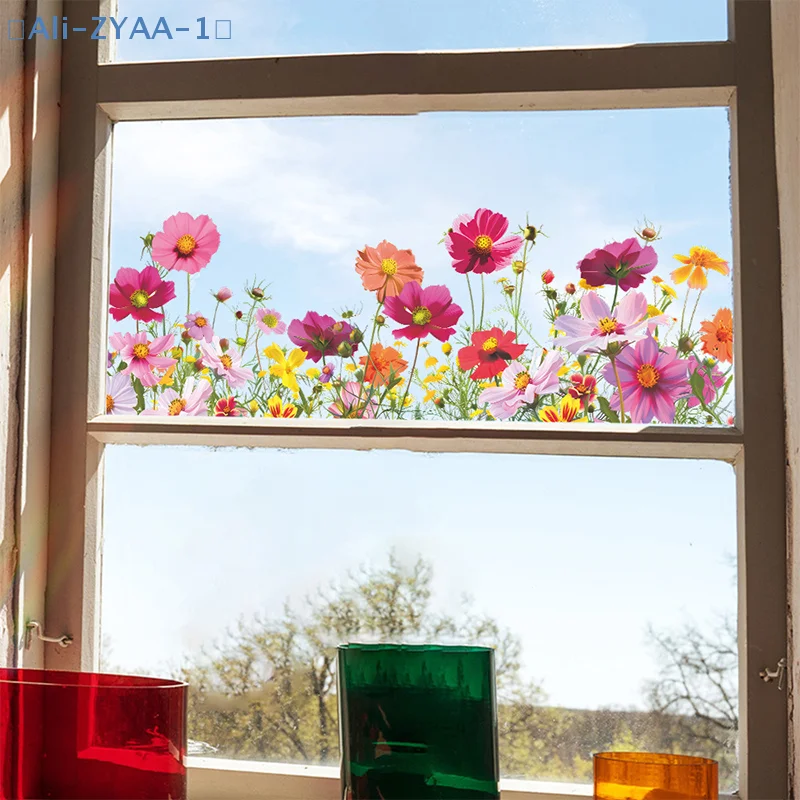 【ZYAA-1】1 Stück schöne bunte Blumen-Wandaufkleber, Glasfenster-Dekoration, Wandbild, Zimmerfenster, Heimdekoration, selbstklebende Aufkleber