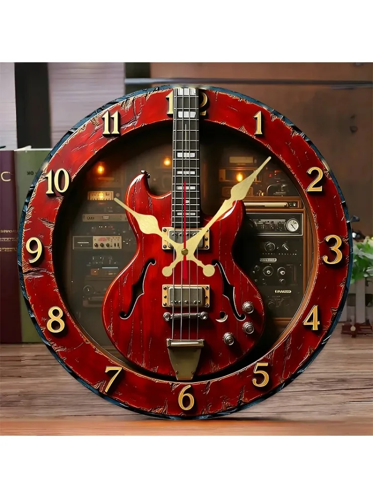 Guitare Vintage en bois rond silencieux pointeur suspendu horloge murale créative 2D artisanat décor pour la maison chambre salon décoration murale