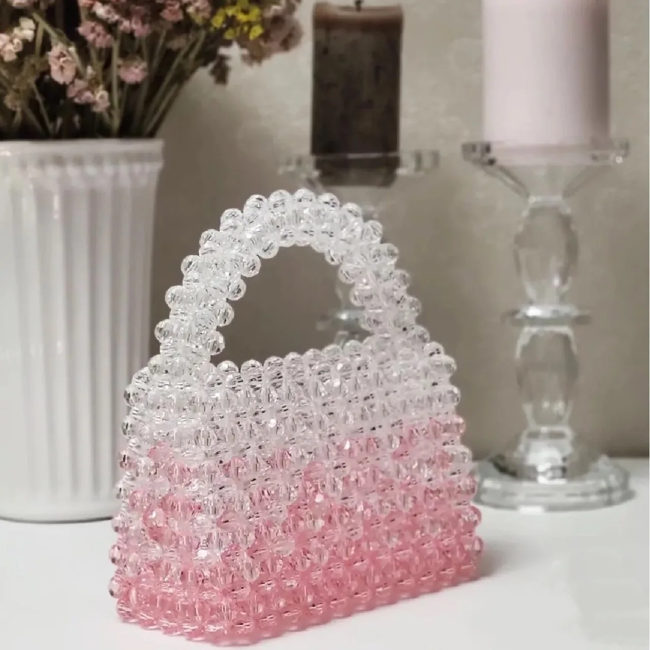 Gradient Pink Beaded Bag for Dinner Party Wedding Ladies Elegant Fashion Gifts for Her Summer Luxury Purse Tote Bags for Women