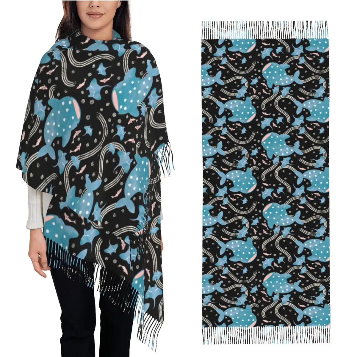 

Шаль Hi Friend для женщин, зимний большой длинный шарф, звездный кит, акулы, шейный платок, шарфы с кисточками