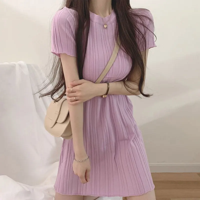 Summer Korean O-Neck Mini Dress Female Clothing All-match Solid Color Short Sleeve Casual A-Line Waist Elegant Folds Dresses New