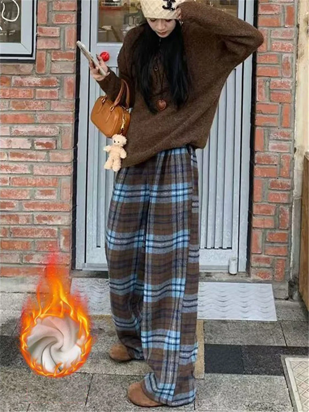 Plaid Pants Black Checkered Trousers Women Plus Velvet Warm Winter Autumn Casual Loose High Waist Chic Streetwear Ladies Bottoms
