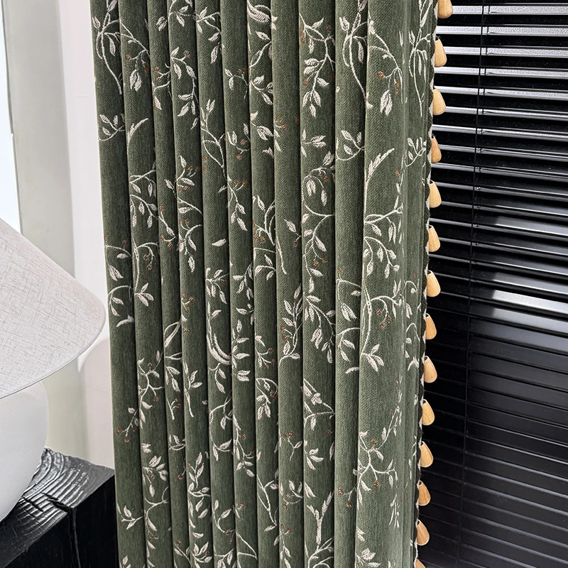 Medieval Dark Green Embroidery Chenille Curtains for Living Room Bedroom French Window Balcony Customized Finished Products