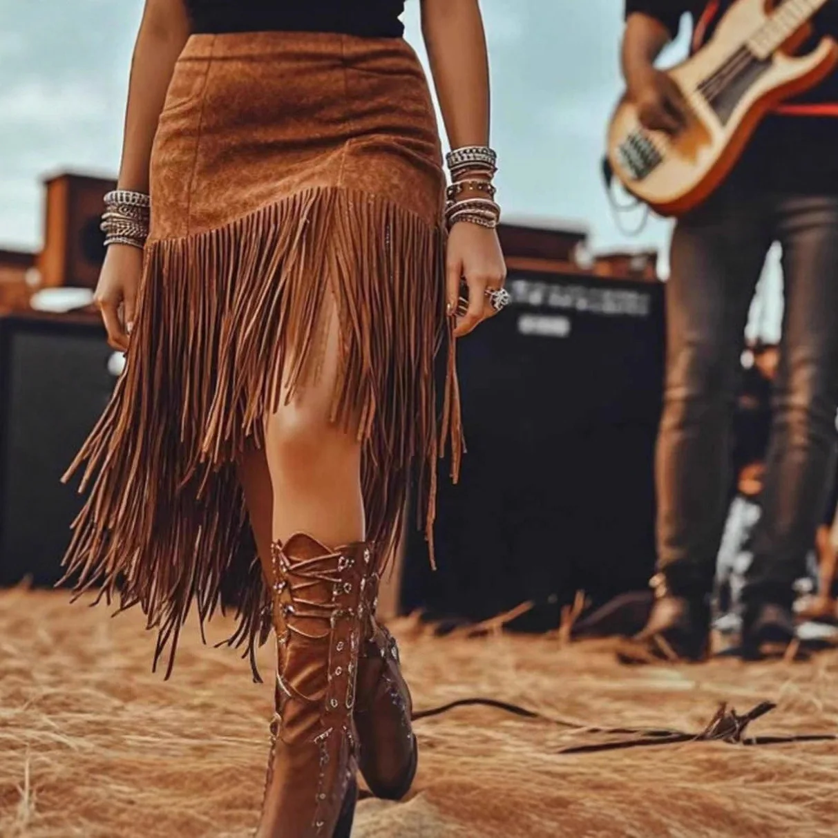 

Brown Tassel Skirt for Women Autumn Design Hot Girl High Waist Imitation Suede Tassel Slim Anti-exposure A-line Skirt