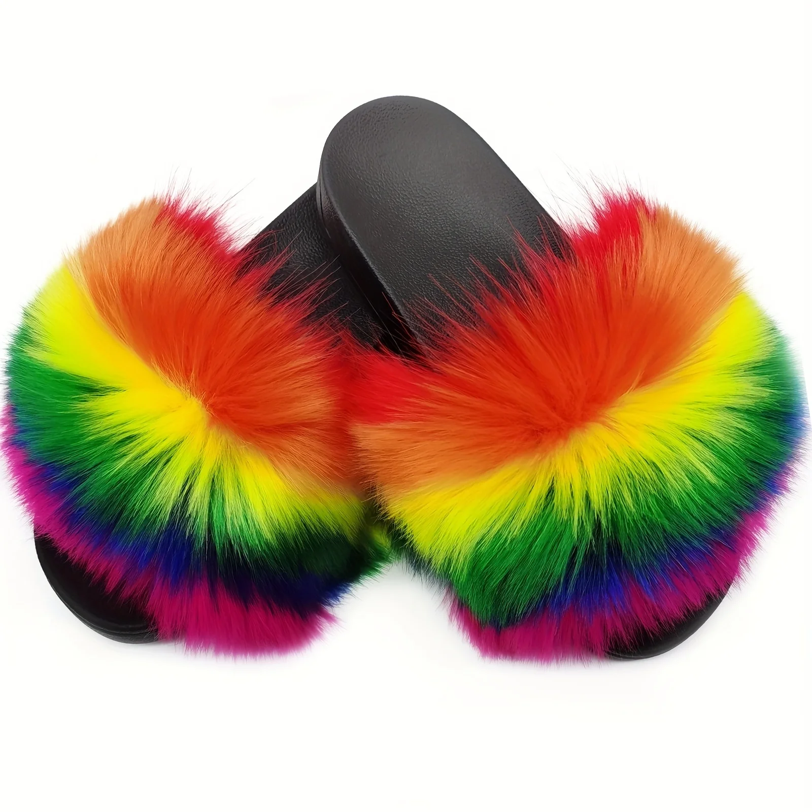 Women\'s Summer Rainbow Faux Fur Slippers Thick Non-slip Soles Breathable Home Fur Slides Outdoor Flip Flops Fuzzy Sandals