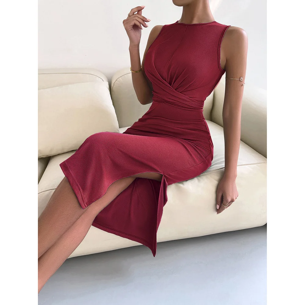 

Knitted Waist Slimming Dress Sexy Women's Round Neck Side Slit Sleeveless Long Dress New Elegant vestidos de fiesta