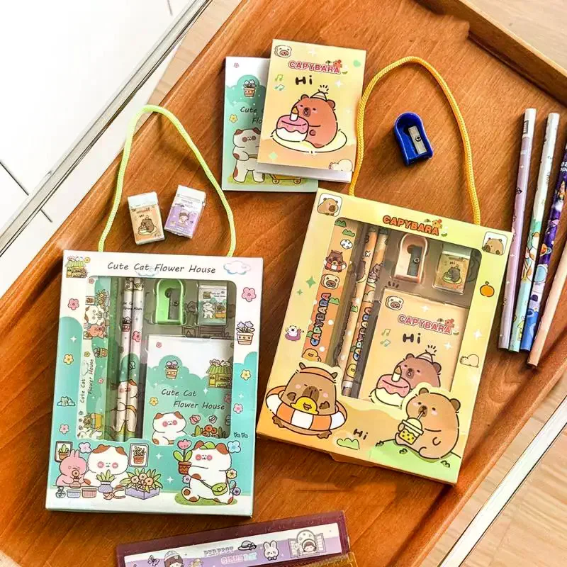 

6Pcs/Set Cute Cartoon Capybara Pencil Stationery Set Kawaii Eraser Pencil Sharpener Children Student Stationery Supplies