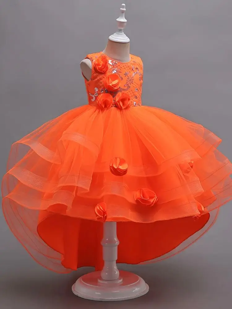 New Orange Flower Girl Princess Tail Dress for   3 to 12 Year KID Birthday Party Dresses