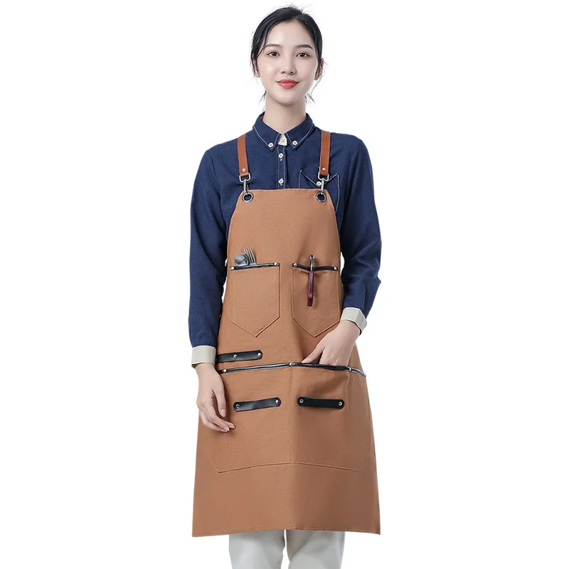 

Fashion canvas unisex apron Leather shoulder strap Adjustable barber bartenders designer overalls apron