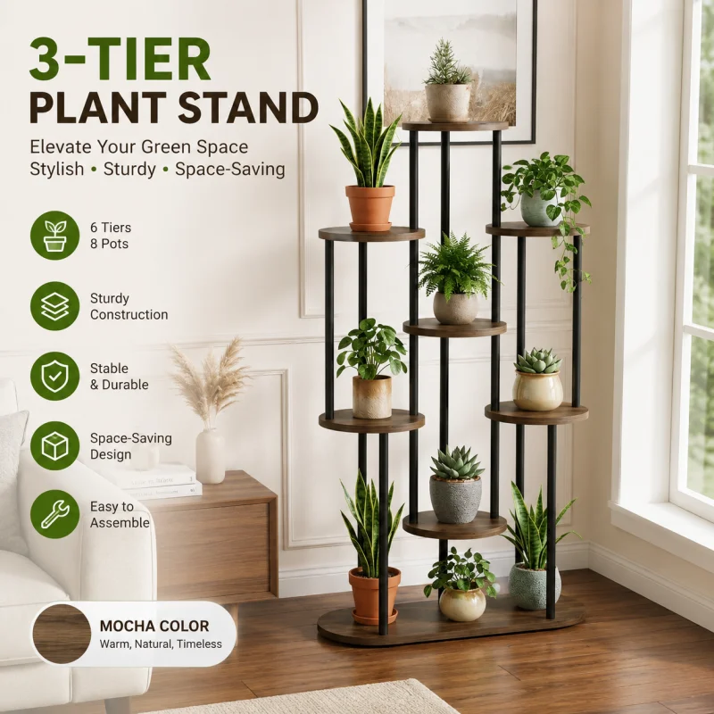 Indoor Plant Stand - 6-Tier Plant Holder Indoor 8-Pot Flower Plant Shelf, Tall Large Wooden Plant Rack for Living Room, Patio, Balcony Decor, Gardening Gift, Christmas Gift, Birthday Gift