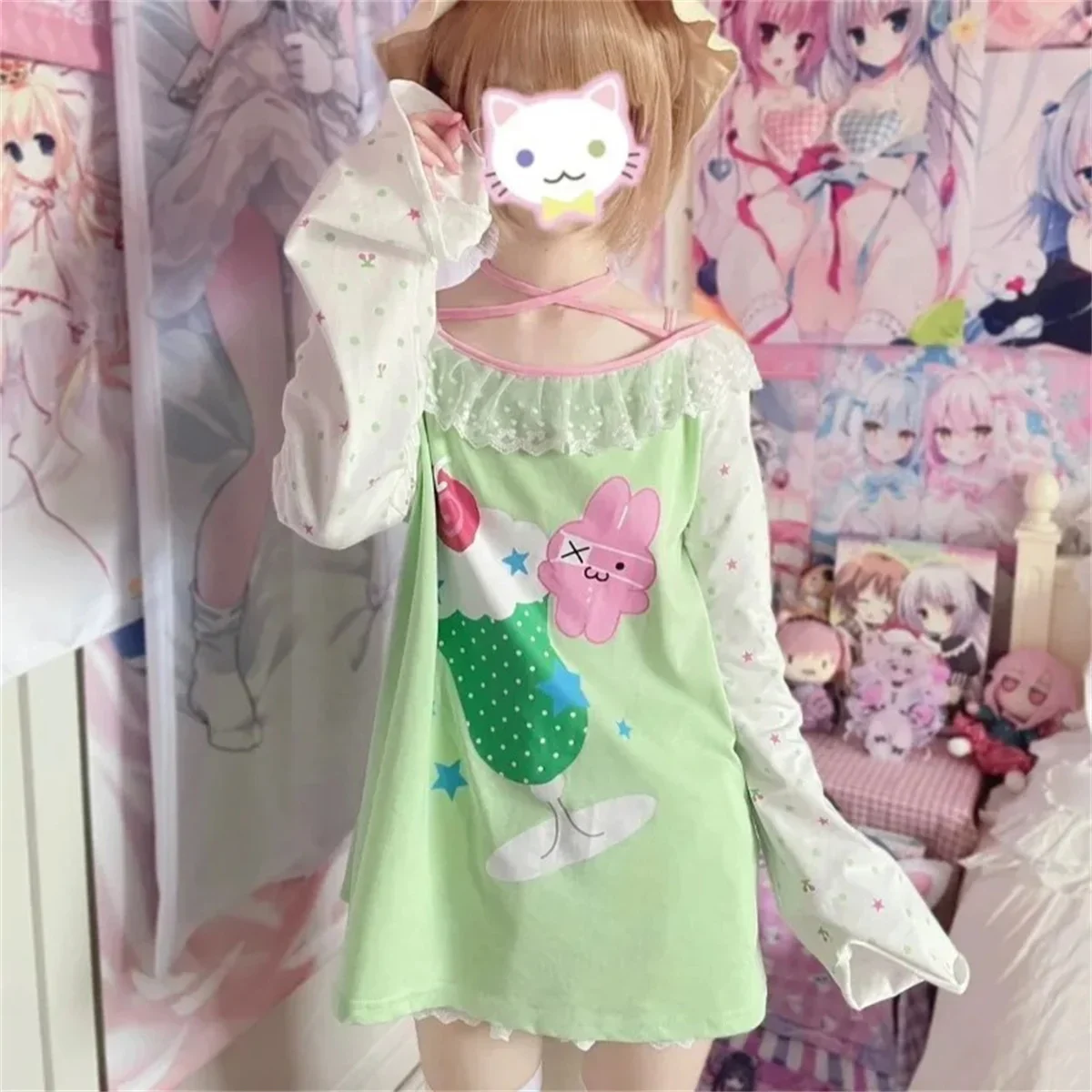 Patchwork New Green Japanese Kawaii T Shirts Cartoon Print Casual T-shirt Women Y2k Aesthetic Lace Harajuku Neck Bandage Tops