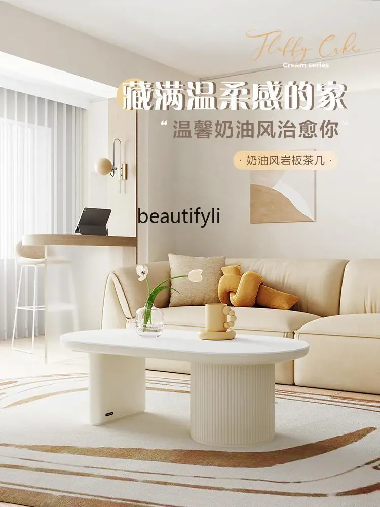 Cream Silent Style White Stone Plate Coffee Table Arc Tea Table New High-End round Table furniture living room