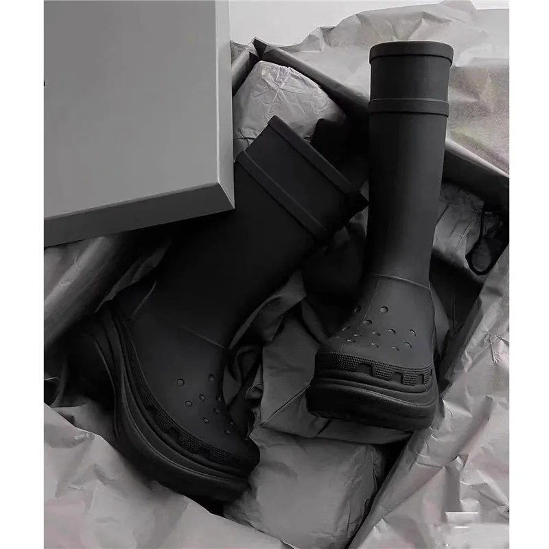 

Long Rain Boots Black White Leather Thick-soled Knight Botas De Lluvia De Debossed Platform Shoes Woman Brand Riding Botines