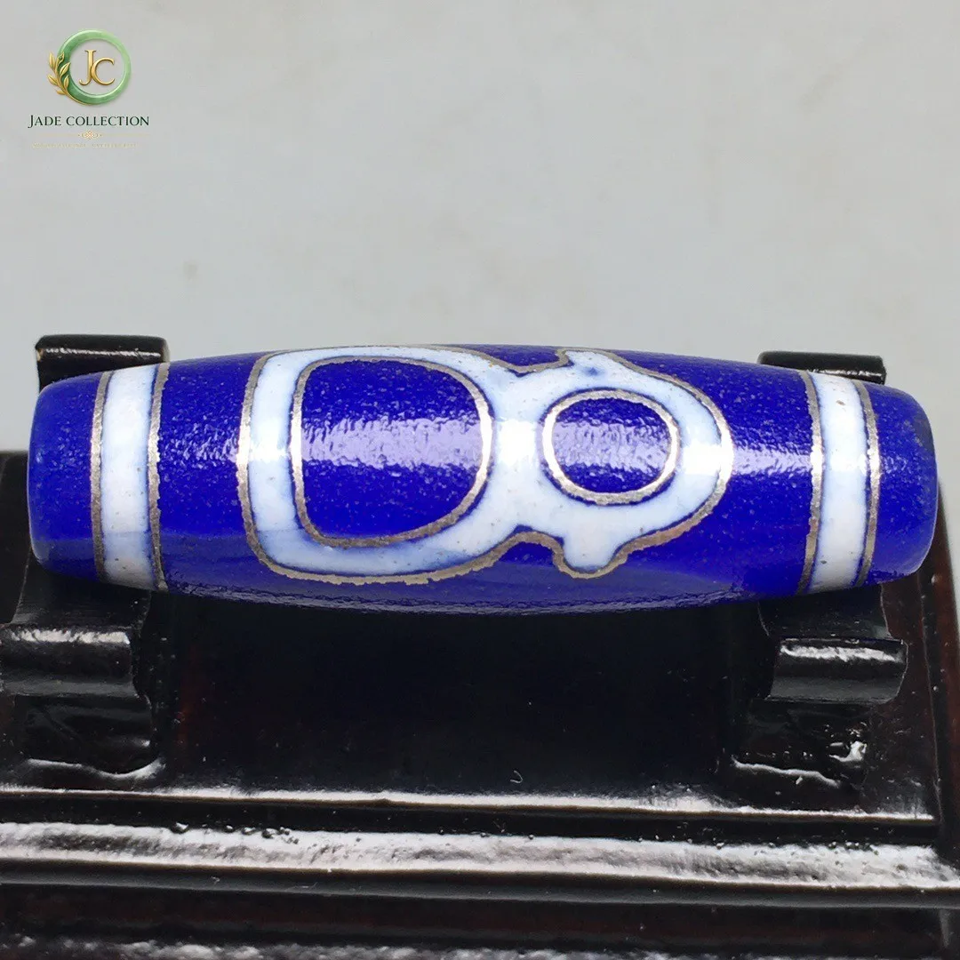 Tibetan Blue Old Agate DZi Inlaid silver wire Wealth Gods Bead Amulet 38mm S0411