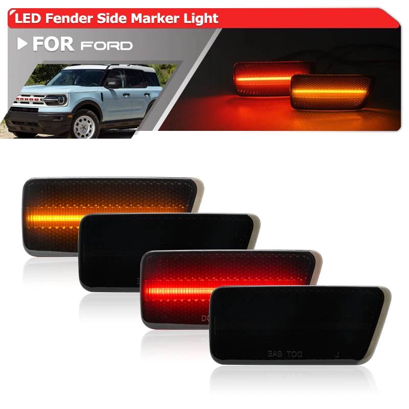 

4PCs Smoked Upgraded Replacement LED Side Marker Lamp For Ford Bronco Sport CX430 2021+ F&R Amber Red Bumper Fender Flare Lights