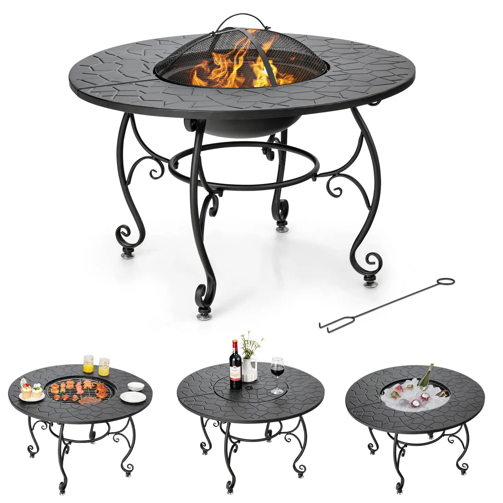Outdoor Fire Pit Table, 4 in 1 36 Inch Round BBQ Garden Fire Bowl with Lid, Bonfire Wood Burning Fire Pit for Outside