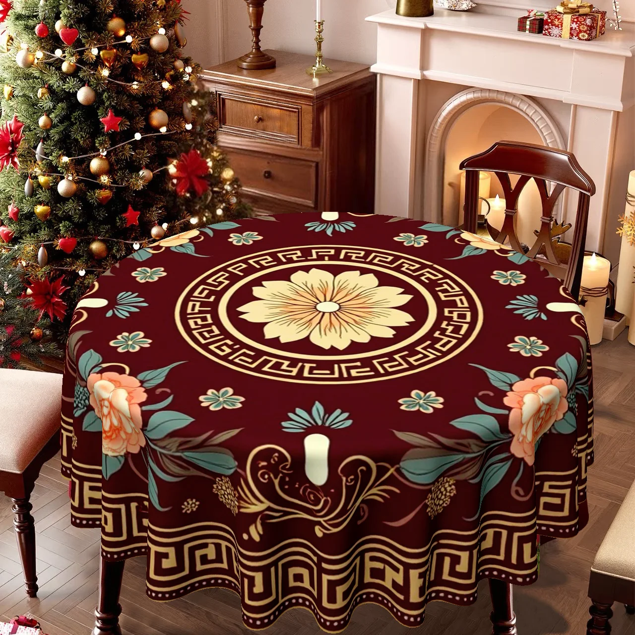 1 Christmas-themed round tablecloth with a floral theme for dining tables, kitchens, and coffee tables